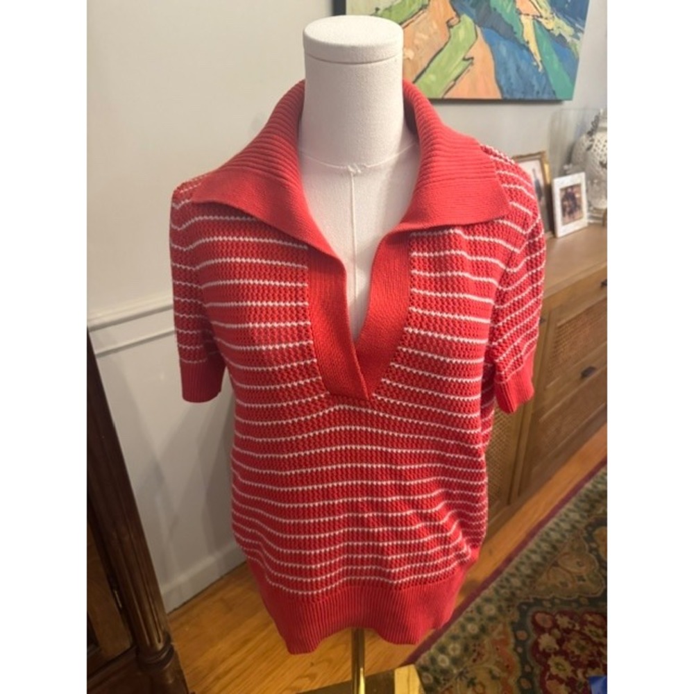 Vineyard Vines Womens Red White Striped Short Sleeve Knit Polo Sweater Size M